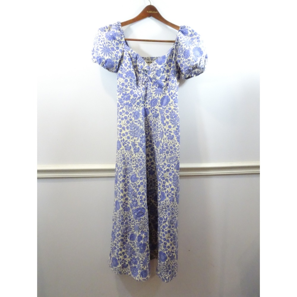 Boden Blue Floral Linen Cotton Maxi Dress Puff Sleeve Sweetheart Neck NWT US 4R